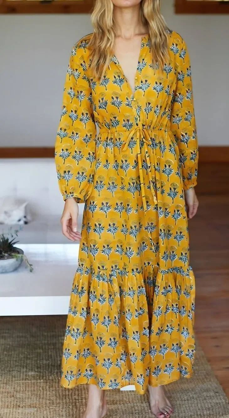 Emerson Fry India Collection‎ Frances Bohemian Maxi Dress S Marigold Yellow